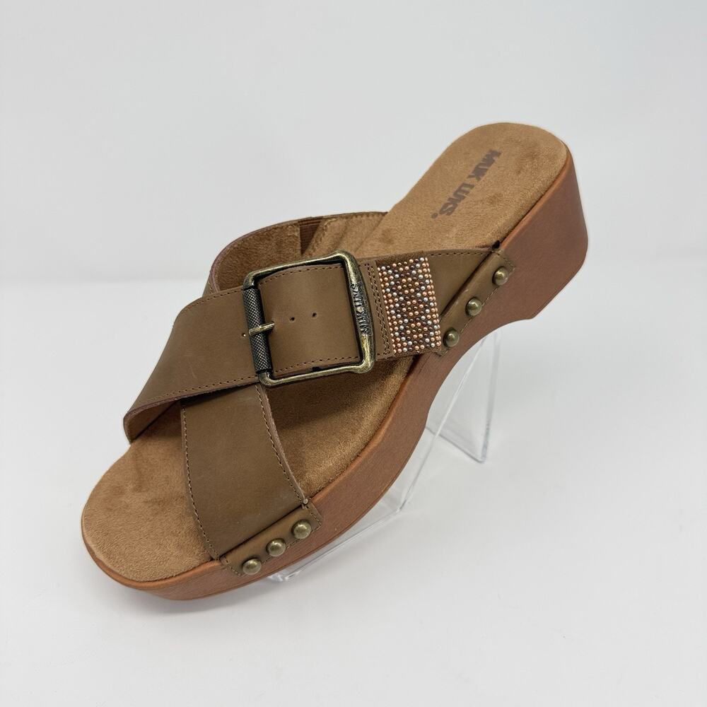 MUK LUKS Women’s Size 9 Brown Leather Platform Wedge Slide Sandals Buckle NIB